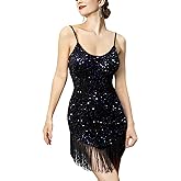 YESSA Women's Flapper Dresses 1920s,V Neck Great Gatsby Dresses Sequin Fringe Dress for Cocktail/Party/Prom/Club/Wedding