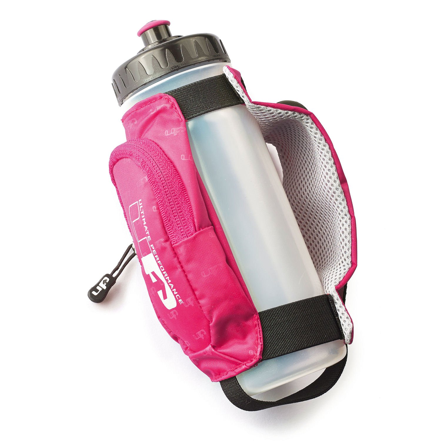 Ultimate Performance UP Kielder Handheld 600ml Water Bottle Carrier Zipped Pocket Carrier For Small Essentials Key Clip Hi Vis Reflective Trim Padded Hand Strap - Pink