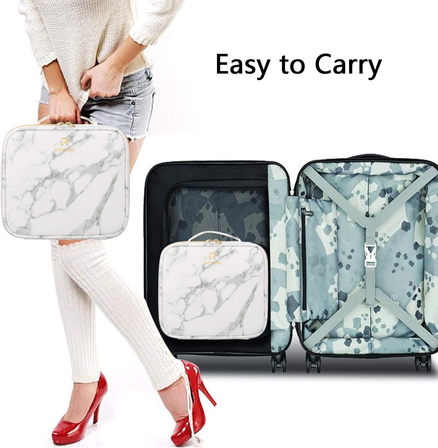 Relavel Marble Makeup Bag Large Makeup Organizer Bag Travel Train Case Portable Cosmetic Artist Storage Bag with Adjustable Dividers for Cosmetics Makeup Brushes (Marble Pattern)