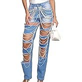 longlugoo Womens Pearl Rhinestone Denim Jeans High Waist Distressed Straight Leg Stretch Distressed Denim Pants