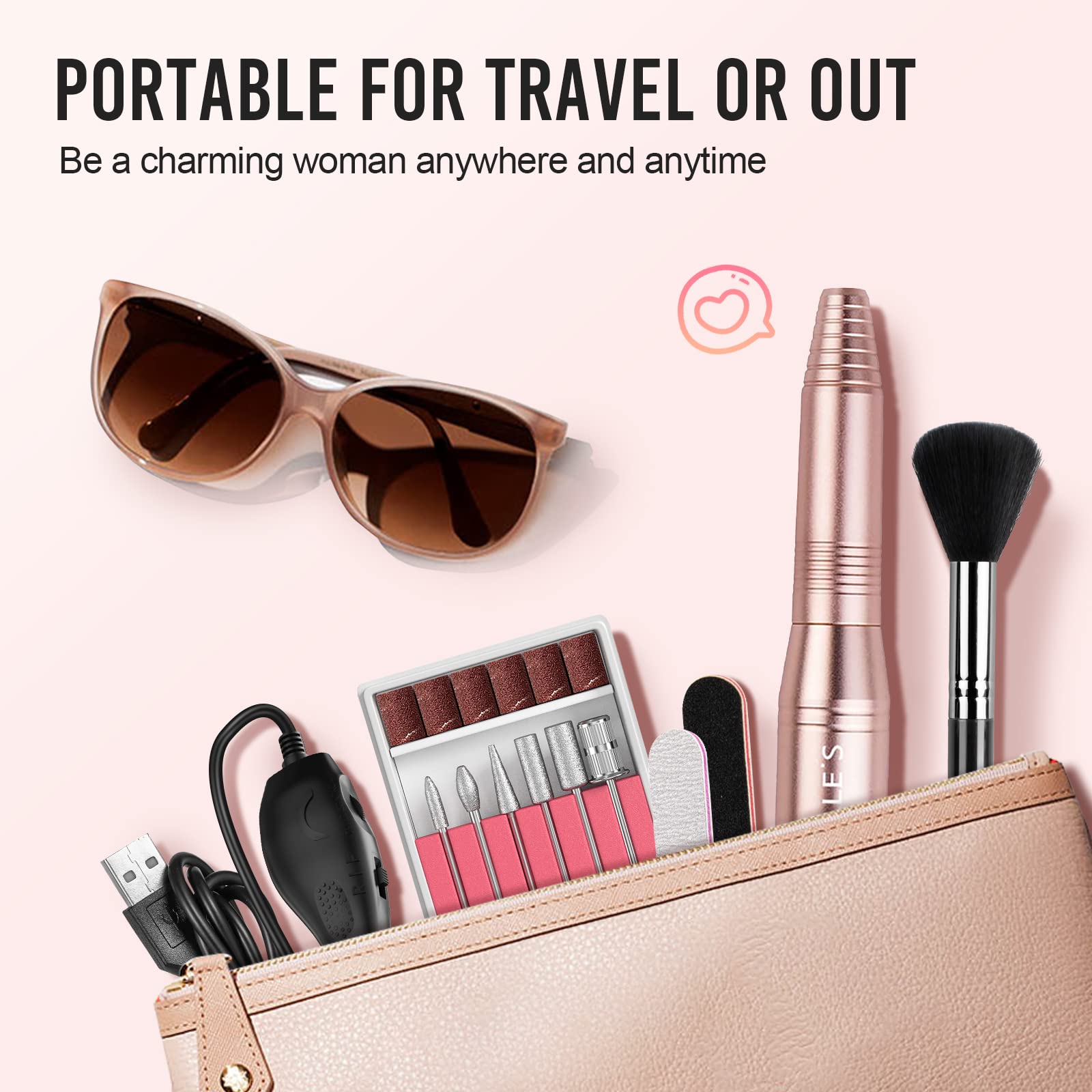 20000RPM Electric Nail Drill Compact Portable Efile Professional Manicure Pedicure Nail File Drill Kit for Acrylic, Gel Nails and Home Salon Use, Gold - Image 5