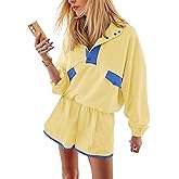 Soamat Womens 2 Piece Short Sets Loose Color Block Sweatshirt Short Set and Summer Long Sleeve Pullover Tracksuit with Pocket