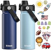 baab 18oz Kids Water Bottle, Insulated Kids Water Bottle with Lockable Spout Lid & Stickers, 18/8 Stainless Steel Vacuum Leakproof Kid Water Cup with Handle for School (Navy Blue+Light Blue, 2 Pack)