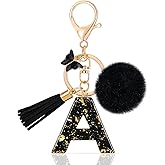 MWOOT Initial keychain,Resin Letter keychain,Cute Car Keyring Alphabet,Black Car Keychains Pompom Keychain