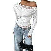 Milumia Women's Y2k Lace Off The Shoulder Long Sleeve Top Ruched Slim Fit Going Out Crop Tops