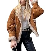 Flygo Women's Winter Faux Suede Jacket Sherpa Lined Jacket Button Down Lapel Fleece Jacket Winter Coats with Pockets(Camel-Small)