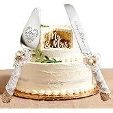 BoisduBois Wedding Cake Knife &amp; Server Set, Silver Stainless Steel | Rustic Burlap &amp; Lace Handles, Serrated Blade, for Bride &amp; Groom, Anniversary, Engagement, Bridal Shower, Dishwasher Safe