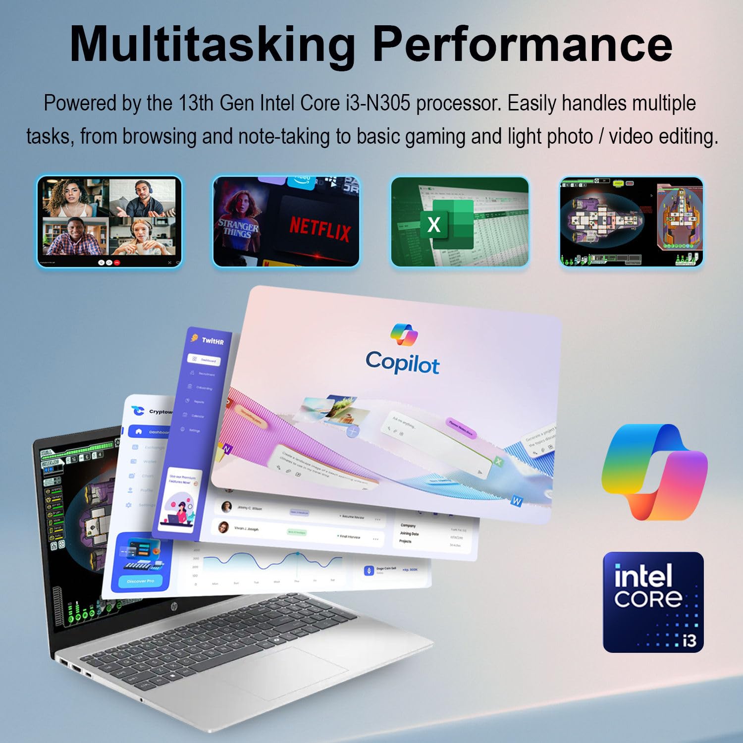 Portátil HP Pavilion de 15,6" | Procesador Intel Core i3 de 13.ª generación | 16 GB de RAM DDR4 | 640 GB de almacenamiento (SSD PCIe de 128 GB + 512 GB externo) | Windows 11 mejorado con IA | Cámara web de privacidad | Batería de hasta 11,5 horas