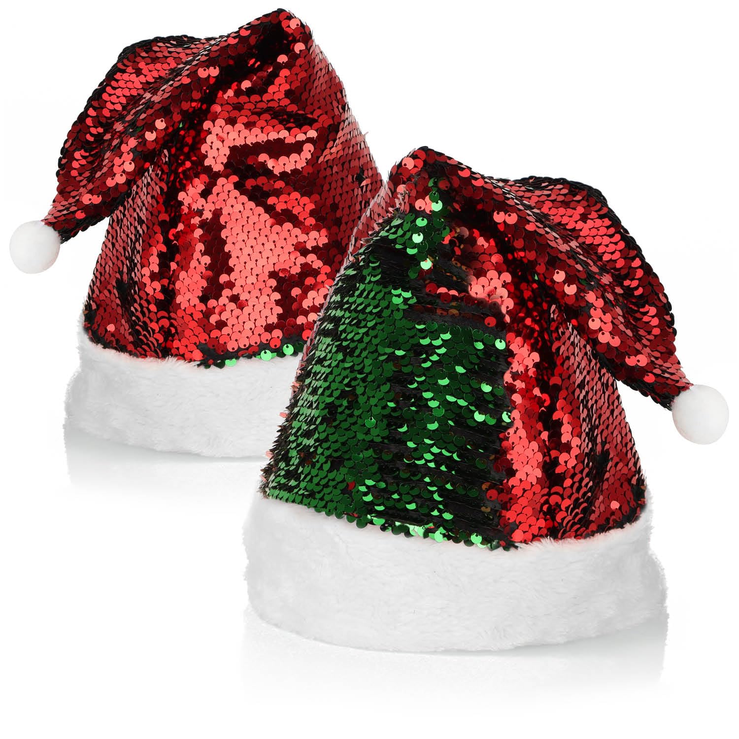 com-four® 2x Santa hat with reversible sequins - red-green X-Mas hat - Santa hat with bobble - shiny hat with plush edge (02 pieces - reversible sequins)