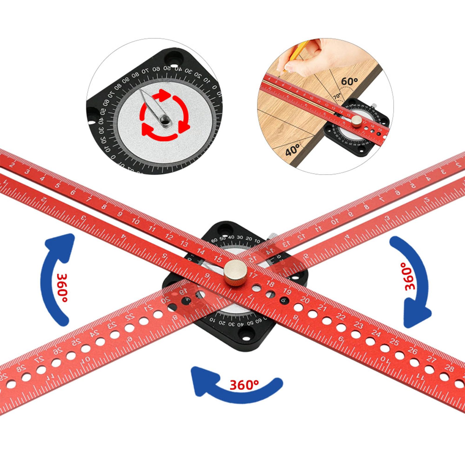 Woodworking Circular Drawing Tool, 360 ° Compass Angle T Ruler Straight Circles Arcs Angles Lines Drawing Ruler Square Center Scribe for Carpenter Work Layout