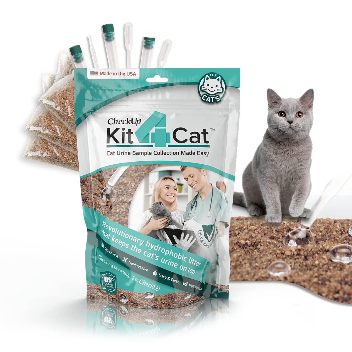 Photo 1 of KIT4CAT 2lb Hydrophobic Cat Litter for Urine Sample Collection, Uniquely Made with Natural Sand - Keeps Liquid Clean and On Top | CheckUp on Your Cat's Wellness at Home (3 x 11oz Bags)
