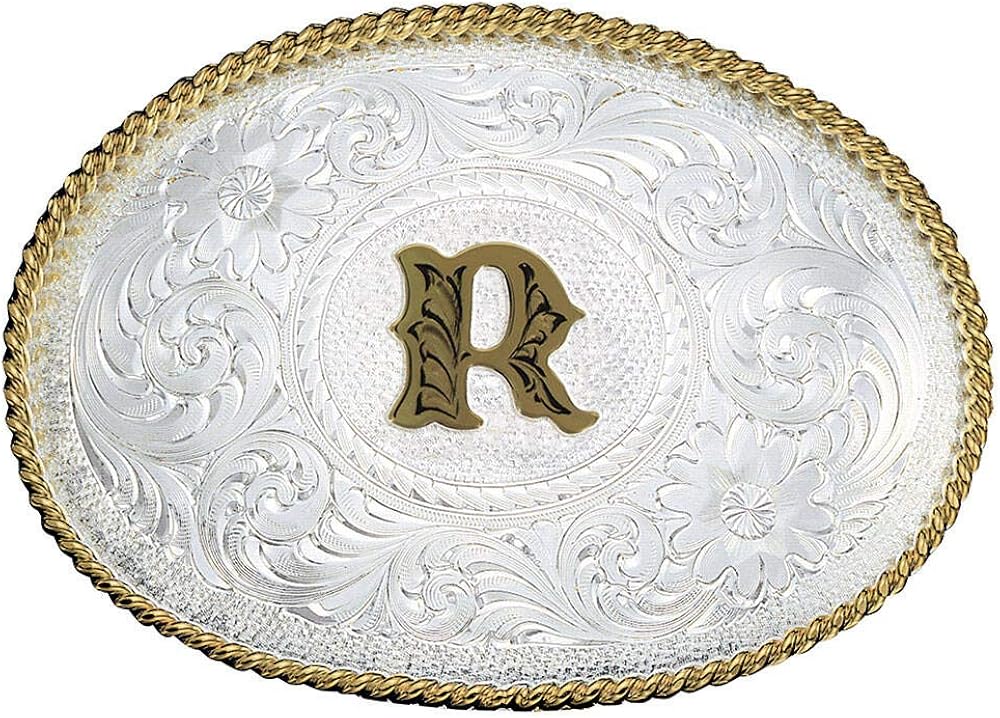 Montana Silversmiths Initial Letter Silver Engraved Gold Trim Western Belt Buckle (Initial R): Clothing