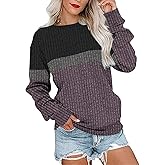 Women's Sweatshirt Casual Color Block Tops Long Sleeve Crewneck Fashion Lightweight Tunic Pullover Gray Purple M