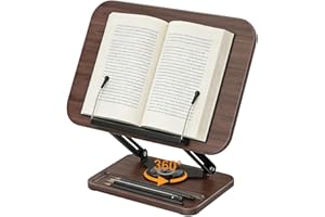 Wooden Book Stand for Reading with 360° Rotating Base, Adjustable Book Stand with Page Clips, Cookbook Stand for Kitchen Coun