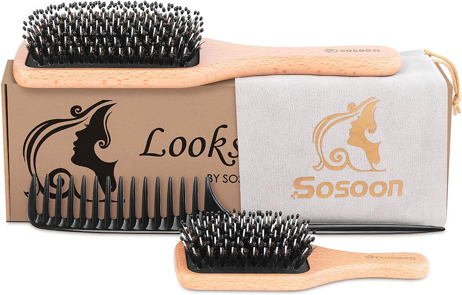 Hair Brush Set, Sosoon Boar Bristle Paddle Hairbrush for Women Men Kids Reducing Frizzy No More Tangle