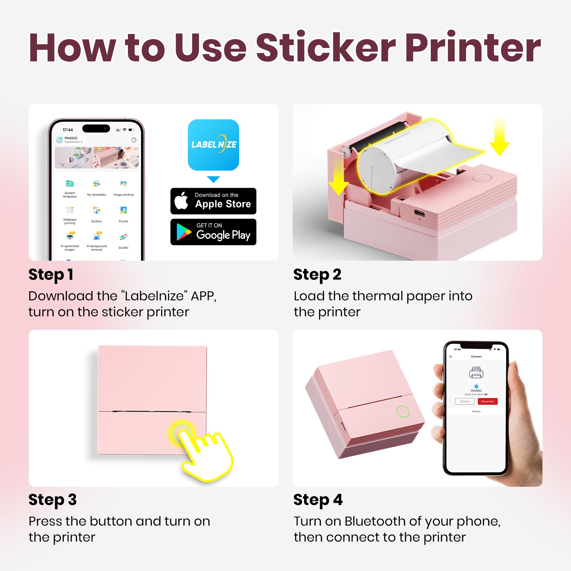 Sticker Printer, PM290C Portable Mini Printer, Inkless Bluetooth Sticker Maker with 3 Rolls Paper, Impresora Portátil for Notes, Journal, DIY, Gift, Print Pod for School/Office/Christmas, Pink