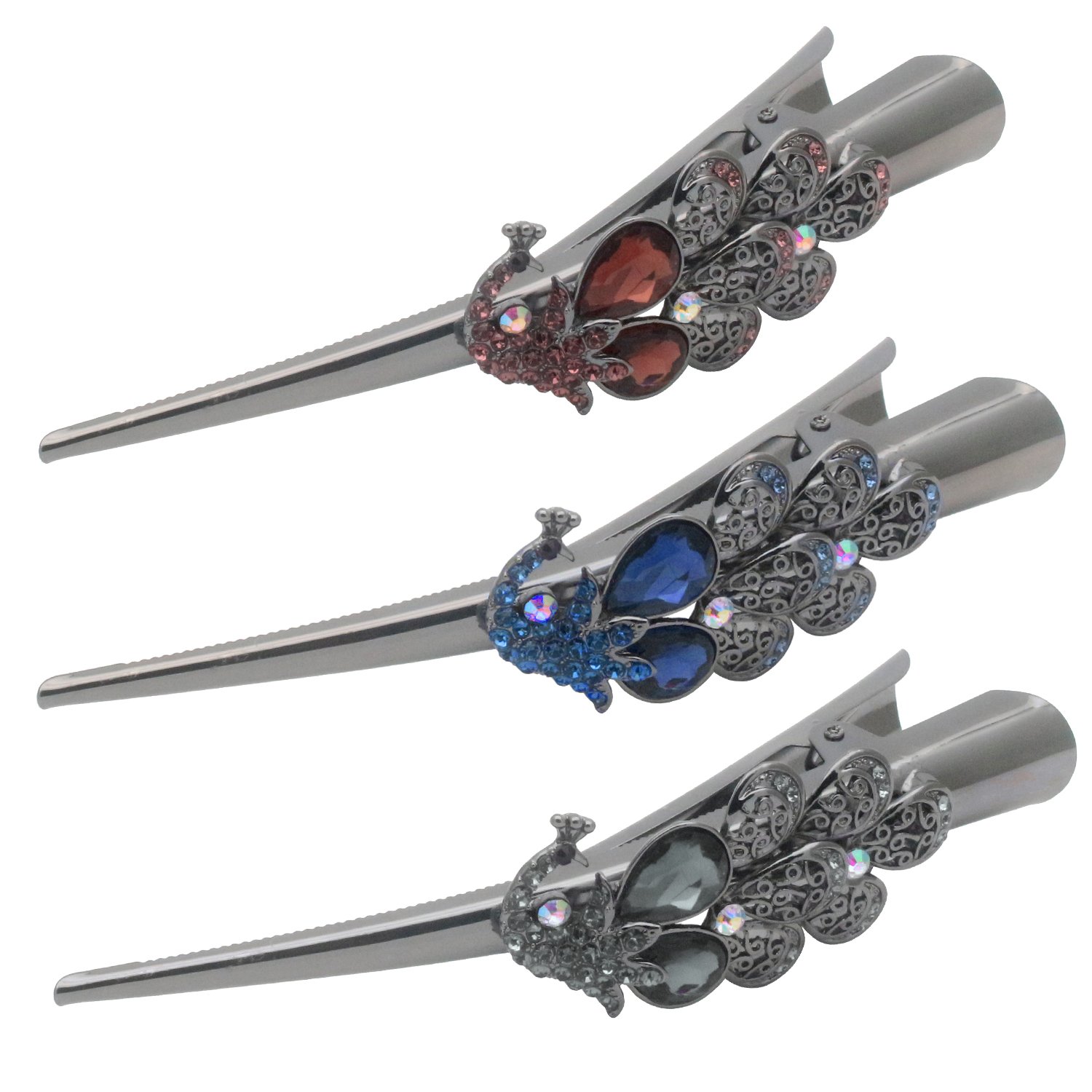 HOLLIHI Set of 3 Large Metal Alloy Alligator Sectioning Clips for Women and Girls - Pretty Strong Clamp Hair Pins Non-Slip Hair Grips Accessories for Thick Hair, Silver Gray (Peacock)