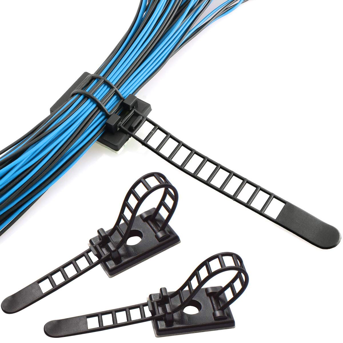 NATUCE 50PCS Reusable Adjustable Nylon Cable Clips, Self-Adhesive Ties for Cord Management, Black