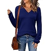 Zeagoo Womens 2026 Fall Sweaters Casual Long Sleeve Ribbed Knit Pullover V Neck Lightweight Crochet Pullover Sweater Top