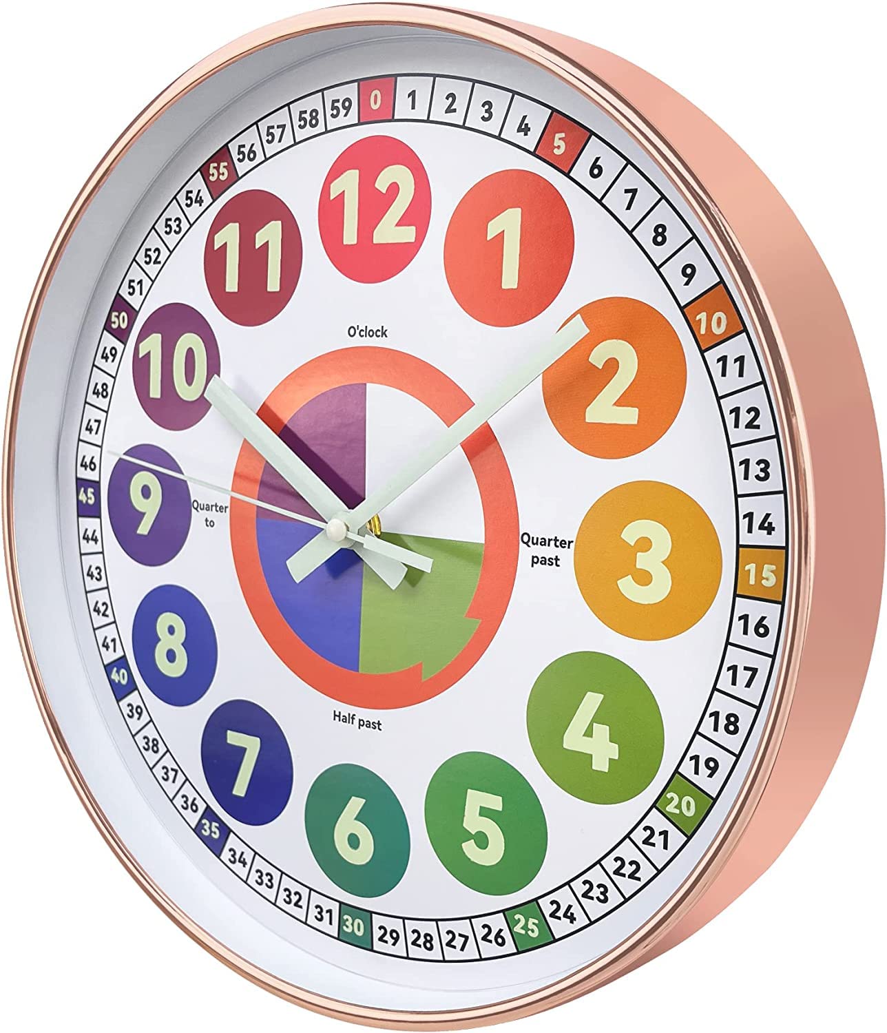 DORBOKER Glow in The Dark Wall Clock for Bedroom, 12 Inch Silent Night Light Kids Wall Clock, Colorful Illuminated Telling Time Teaching Clock (Illuminated Rose Gold, 30cm/12inch)