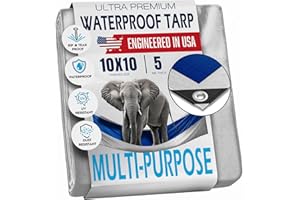 KING-A-MA-JIGS 10x10 Tarp Waterproof Plastic Tarp with Grommets Every 18 Inches - 5 Mil - Multipurpose Water Proof Rain Cover, Outdoor, Garden, Camping, Emergency Survival (Reversible Tarpaulin, Blue and Silver)