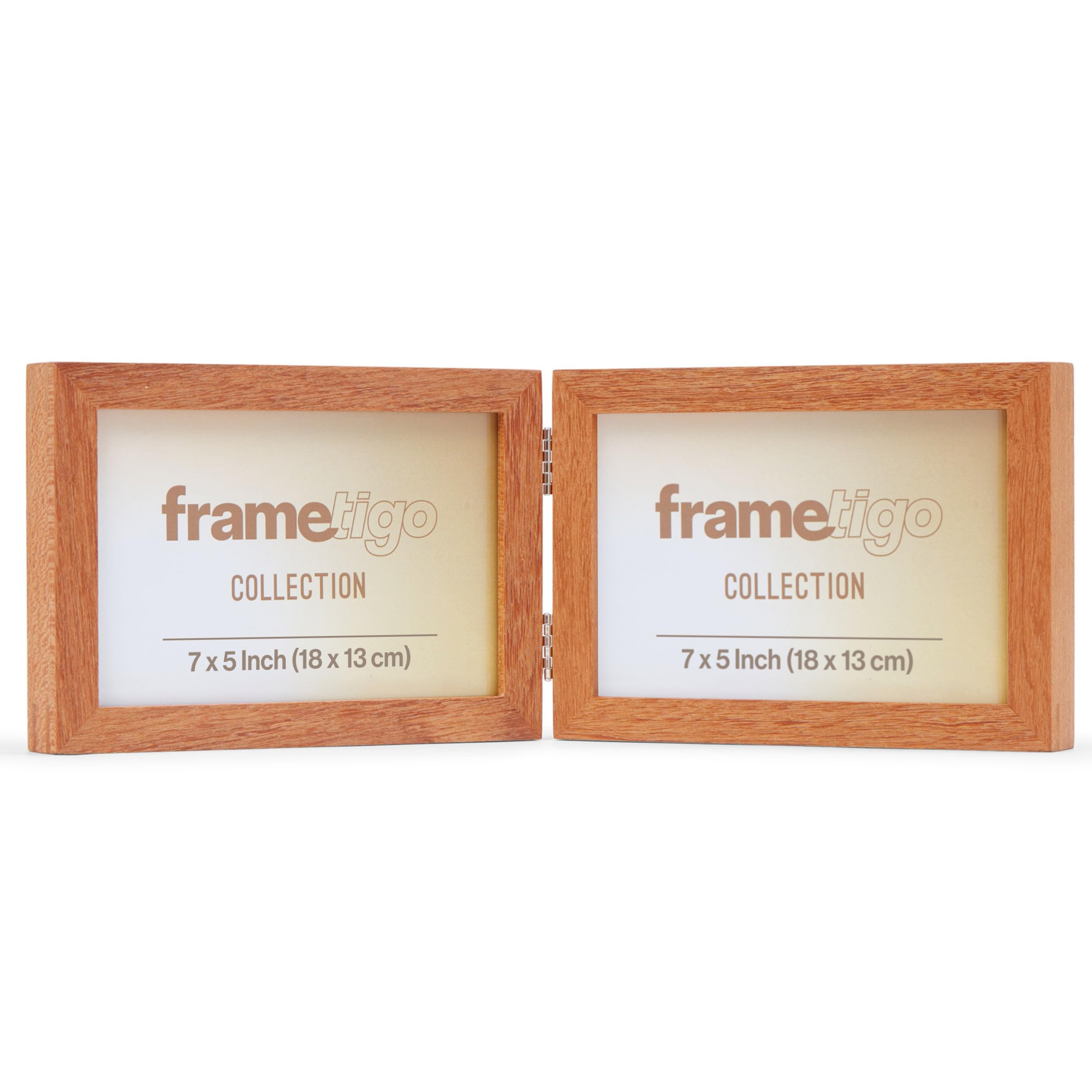 Frametigo - Solid Okan Natural Hardwood Double Landscape Photo Frame, 7”x5” (18x13cm) Photo Size - Velvet Frame Backing & Stand - Double Spline Joint - Polished Edge Real Glass - Stylish Wooden Frames