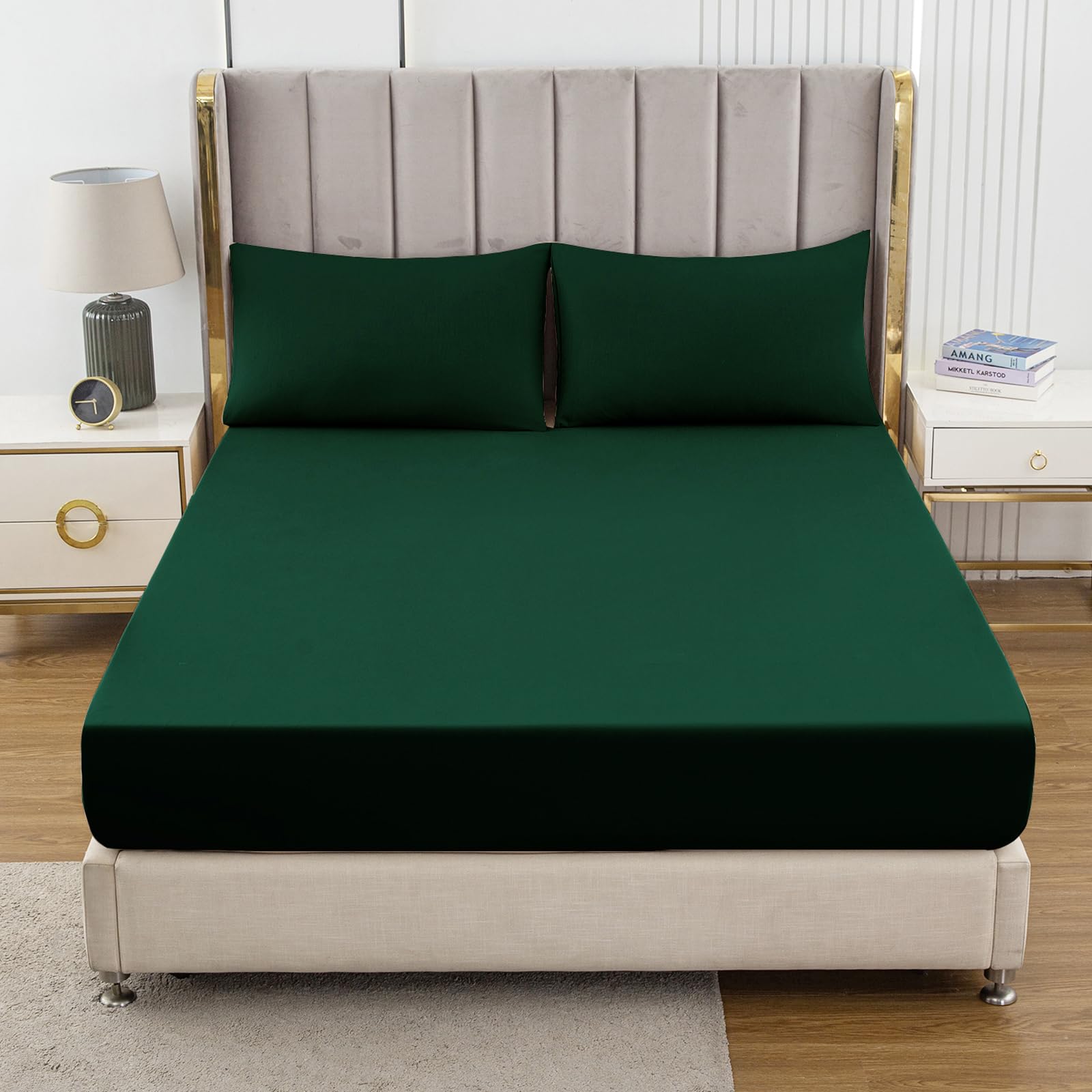 Soifox Double Fitted Sheet Dark Green - Bed Sheets with Extra Deep Pocket 16 inch (40 cm), Soft Microfiber Bottom Sheet for Double Bed, 135x190cm — image 1