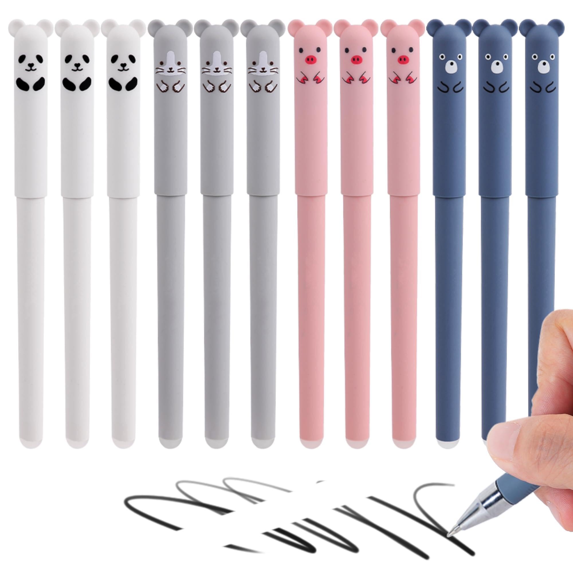 RIANCY 0.7mm Erasable Gel Pens, 12 Pack Cute Cartoon Animal Rollerball, Black Ink Refillable for Adult Writing, Kids Calligraphy, Note Taking