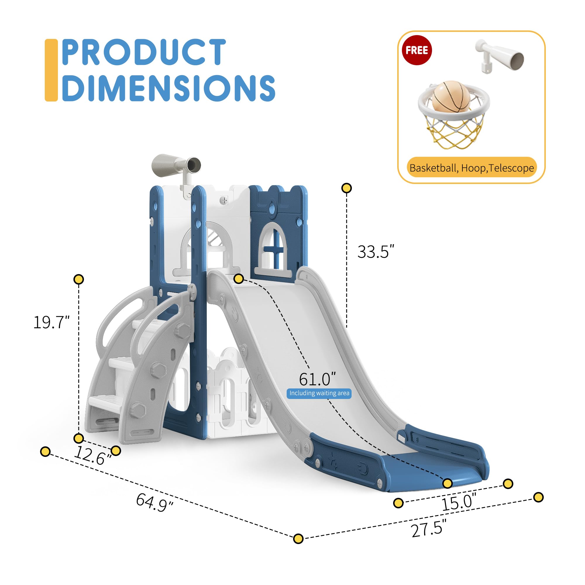 6 in 1 Toddler Slide,Kids Playset for Toddlers Indoor Outdoor, Baby Slide with Basketball Hoop, Telescope & Storage Space,Non-Slip Steps for Great Gift