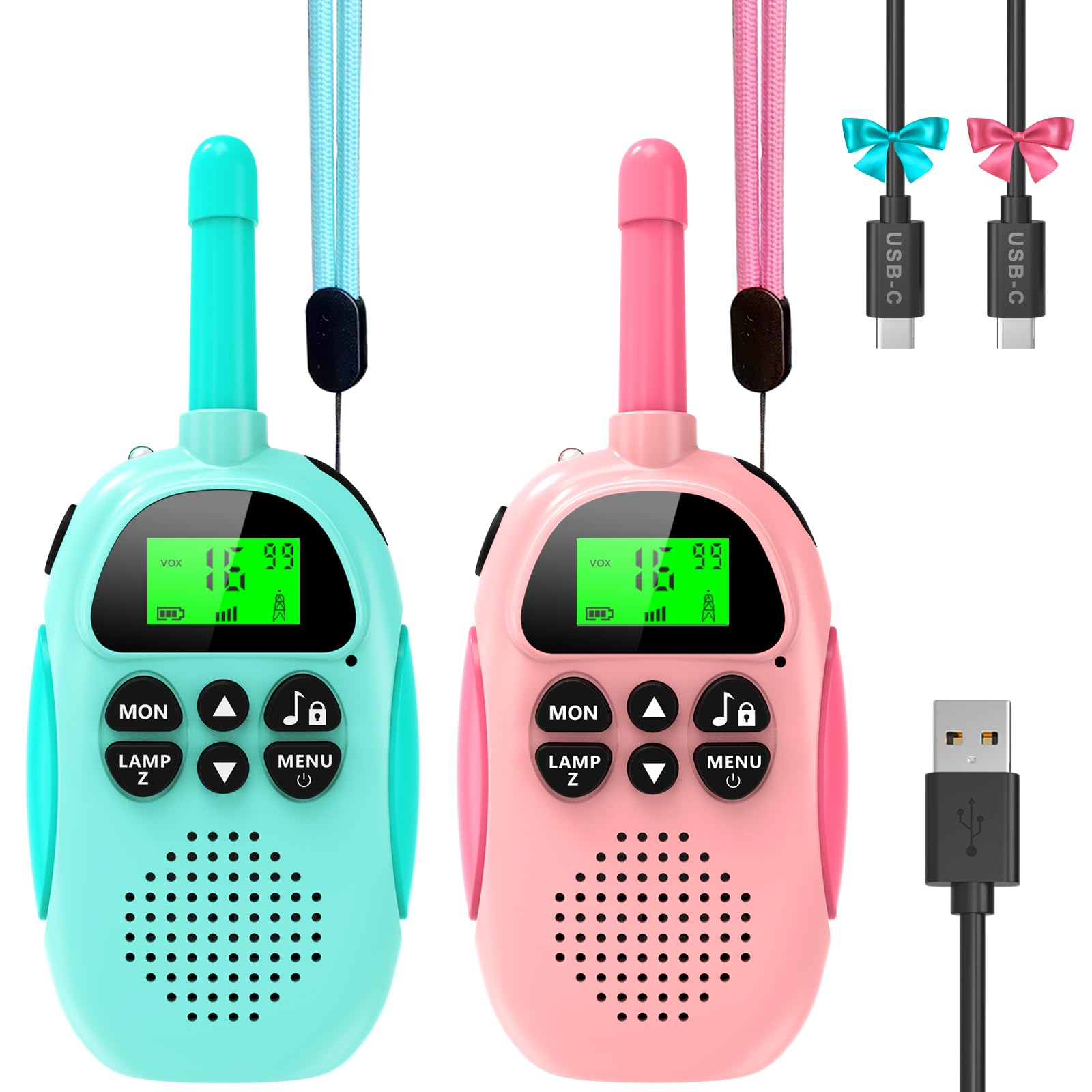 Ushining Walkie Talkies for Kids Rechargeable, 2 Pack Long Range 22 Channels Radio Toys with LCD Backlit, VOX Function,Flashlight, Gift for Girls and Boys from 3 to 12 Years Old (Blue/Pink)