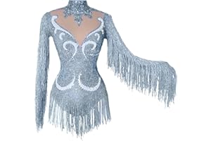 Tyian Sexy Sparkly Diamante Pearl Long Sleeves Fringe Women Bodysuit Team Performance Dance Club Pole Dance Drag Queen Outfit