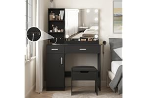 Fameill Makeup Vanity Desk with Lighted Mirror & Power Strip,Black Vanity Table Set with Lights and Lots Storage,2 Drawer Makeup Table,3 Lighting Colors,35.4in(L)