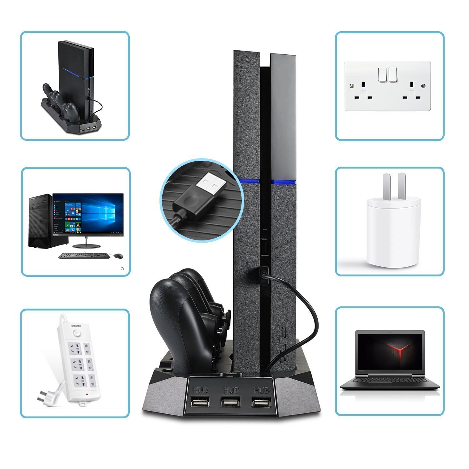 PECHAM PS4 enfriador vertical, PlayStation 4 y PS 4 Slim Consola de soporte vertical ventilador de refrigeración estación de carga