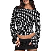 WDIRARA Women's Polka Dots Crop Tops Crew Neck Long Bell Sleeve Ruched Slim Fit Tee Shirts
