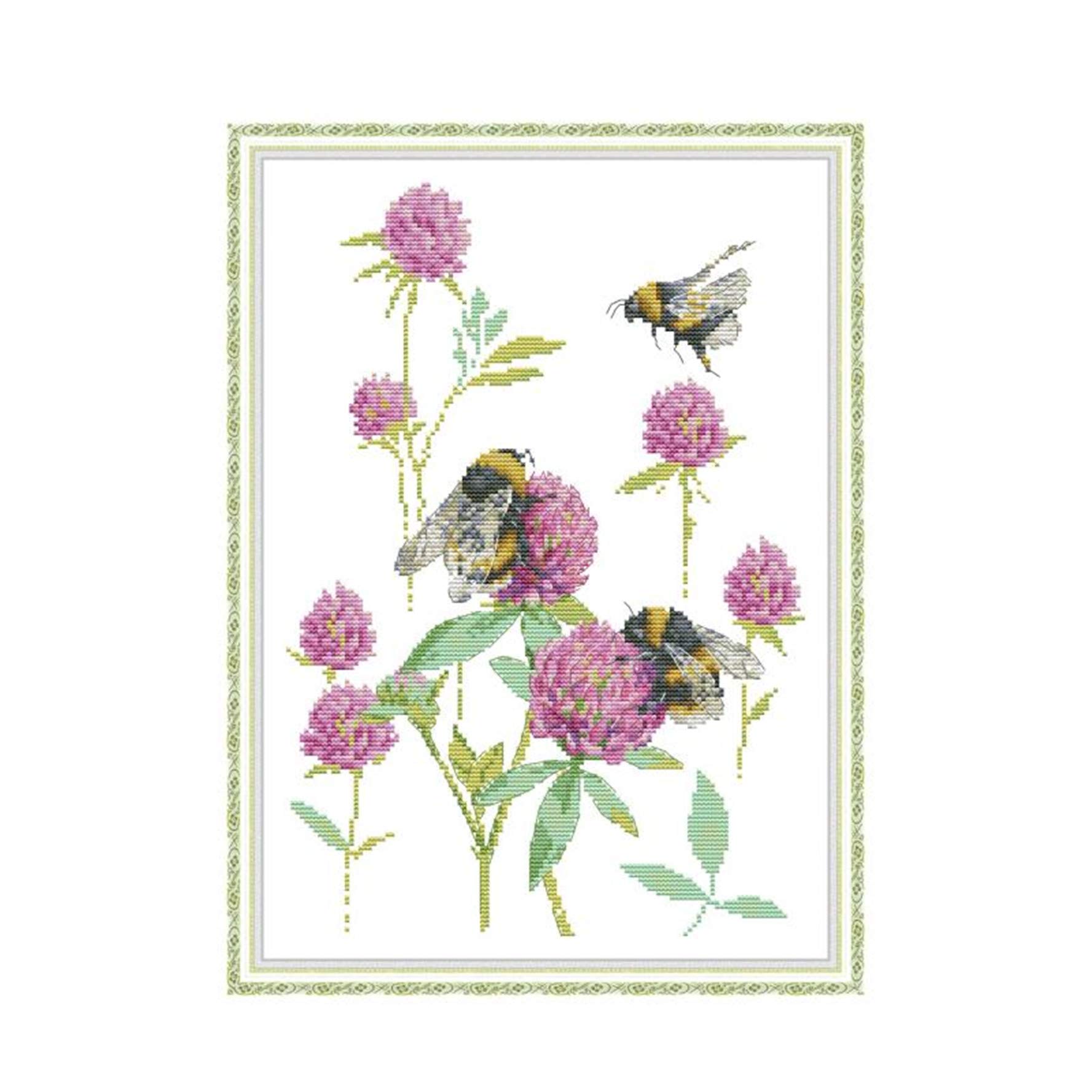 CaptainCrafts Cross Stitch Kits Counted Cross Stitch Unpreprinted Fabric DIY Art Embroidery Kits Needlework Crafts (Unpreprinted 14CT, Bumblebee Picking Flowers)
