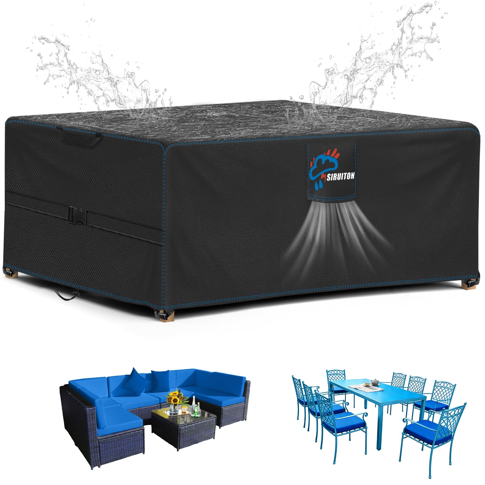 SIRUITON 200x160x70cm Garden Furniture Cover, Patio Garden Table Cover with Air Vent Waterproof, Windproof, Anti-UV, Heavy Duty 420D Oxford Fabric, Rectangular Black