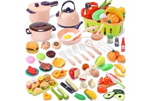 CUTE STONE 70+pcs Kids Play Kitchen Accessories Toy, Complete Cooking Playset with Peelable & Cuttable Play Food, Pots & Pans