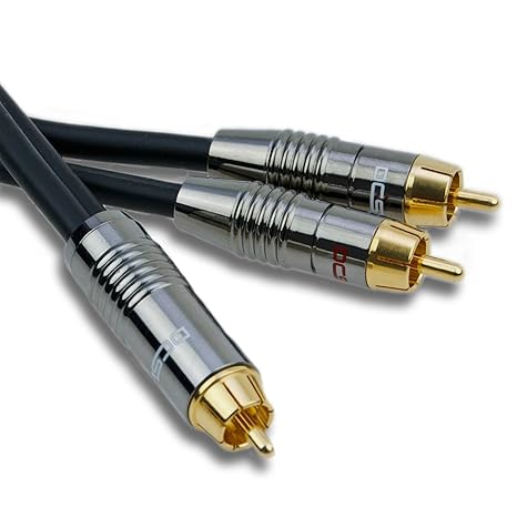 DCSk 10m Y Subwoofer-Kabel vergoldet I 3-Fach geschirmt I Audio Cinch-Kabel mit 1 Cinch- zu 2 Cinch-Stecker, Audiokabel, Y-St