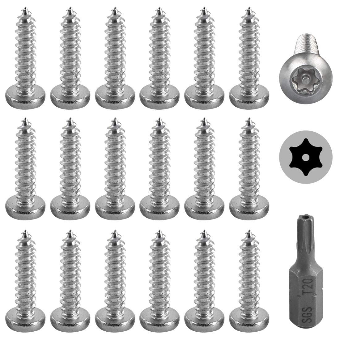 Hilitchi 50 Pcs M4 x 19mm Stainless Steel Button Head Torx Sheet Metal Screws Security Silver Screws Anti-Theft Tamper Proof with Bit T20
