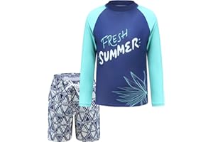 AISYEE Boys Two Piece Rash Guard Swimsuits Set with Swim Trunk Kids Long Sleeve Bathing Suit Swimwear Set