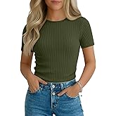 YooAurvox Girls' Ribbed Knit T-Shirt Short Sleeve Crew Neck Top Soft Slim Fit Shirt Kids Casual Basic Tee Summer Trendy
