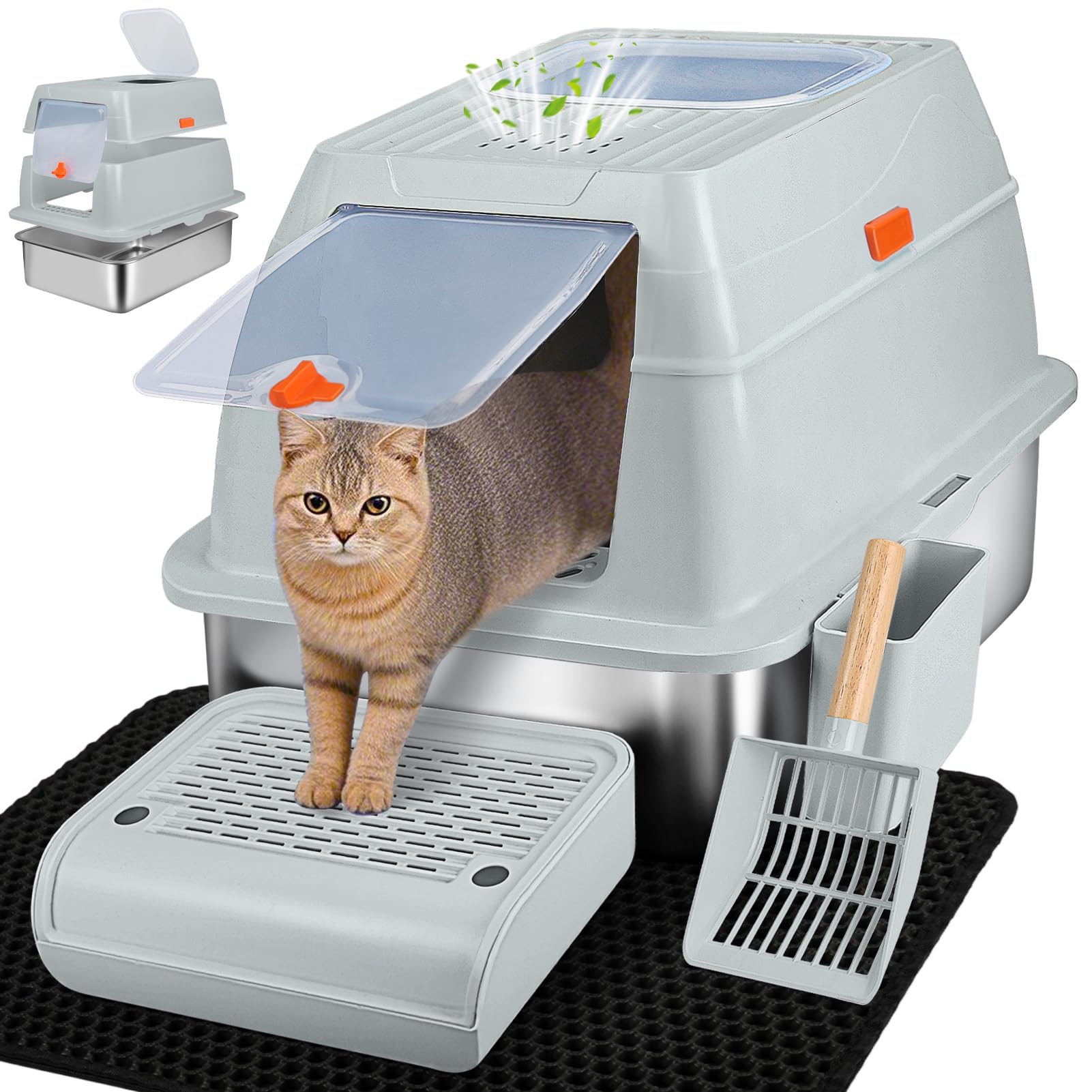 Photo 1 of (missing top) Vivifying Stainless Steel Litter Box with Lid, XL Front Entry Enclosed Extra Large Litter Box for Big Cats & Kitty, Top Exit Metal Cat Pan with Scoop, Mat, Trapping Step, Charcoal Filter (Gray)