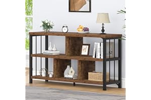 IBF Farmhouse 3 Tier Open Book Shelf, Wood and Metal 5 Cube Storage Organizer, Modern Low Horizontal Bookshelf for Bedroom Living, Long Wide Office Cubby Bookcase with Storage, Rustic Brown, 47 Inch