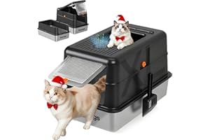 ‌Topyangs Black Stainless Steel Litter Box with Lid, 135° Flip-Top Enclosed Cat Litter Box, Odor-Control Metal Breeze System, Covered High Sides Anti-Spill, Cat Lover Gift