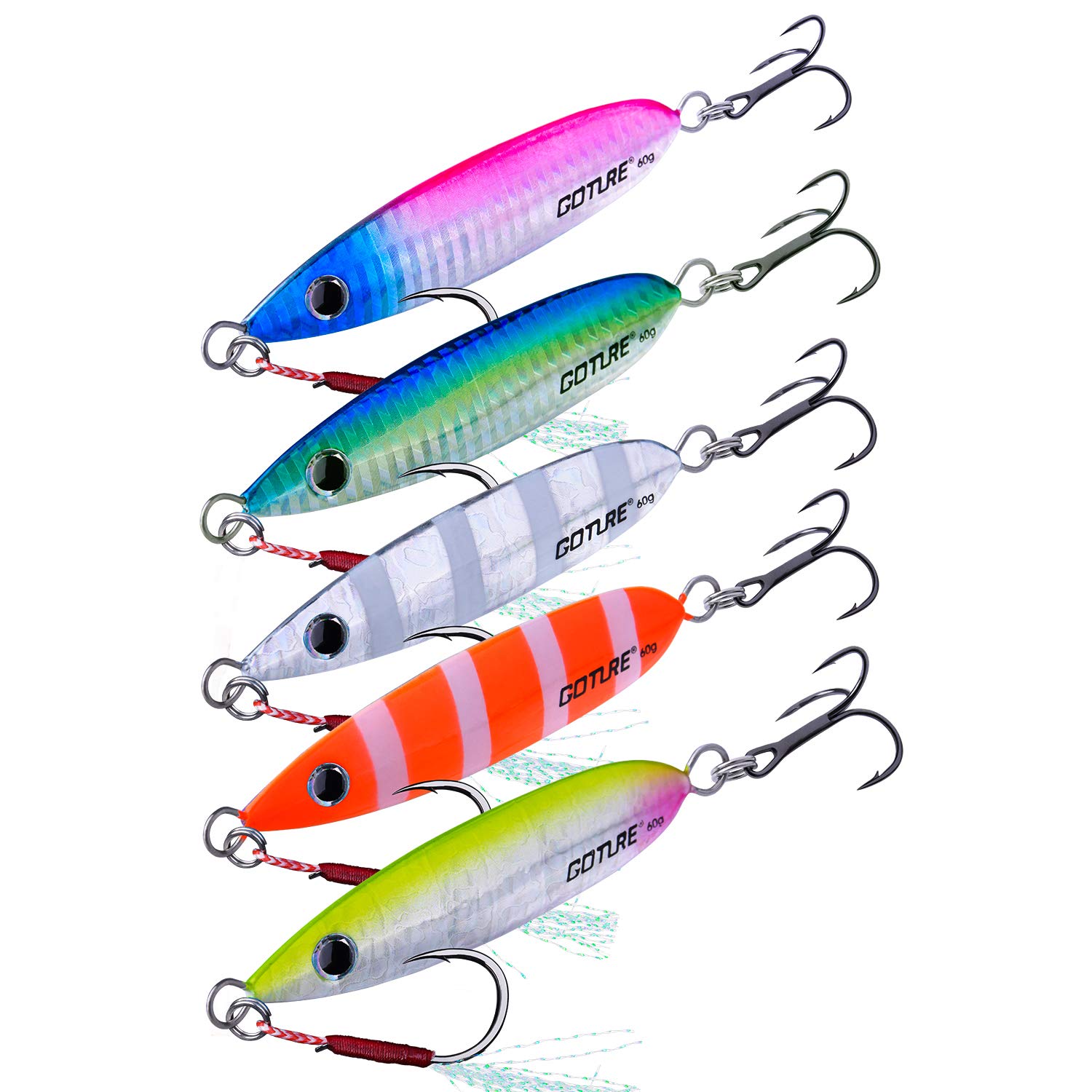 Goture Vertical Jigs Fishing Lure Metal Spoons with Feather Treble Hooks Saltwater Jigging Bait - Multi Colors， Pack of 5, 1.41oz