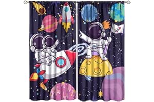NITMBI Astronaut Blackout Curtains,Cute Astronaut Cartoon Starry Stars Moon Pattern 2 Panel Rod Pocket Window Drapes for Boy Girls Room Nursery Classroom Decor 42" W X 45" L