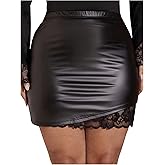 BEAUDRM Women's Plus Size PU Leather Mini Skirt Floral Lace Mesh Bodycon Ruched Skinny Skorts Pencil Party Club Skirt