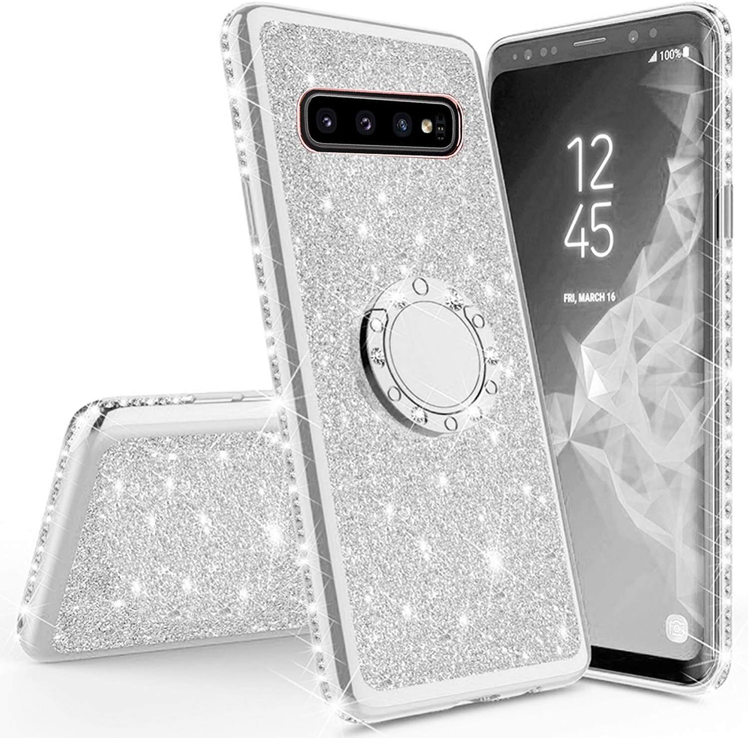 Miagon Bling Case for Galaxy S10,Shiny Sparkle Electroplated Diamond Frame Glitter Skin 360 Degree Ring Stand Silicone Bumper Protective Case Cover for Samsung Galaxy S10