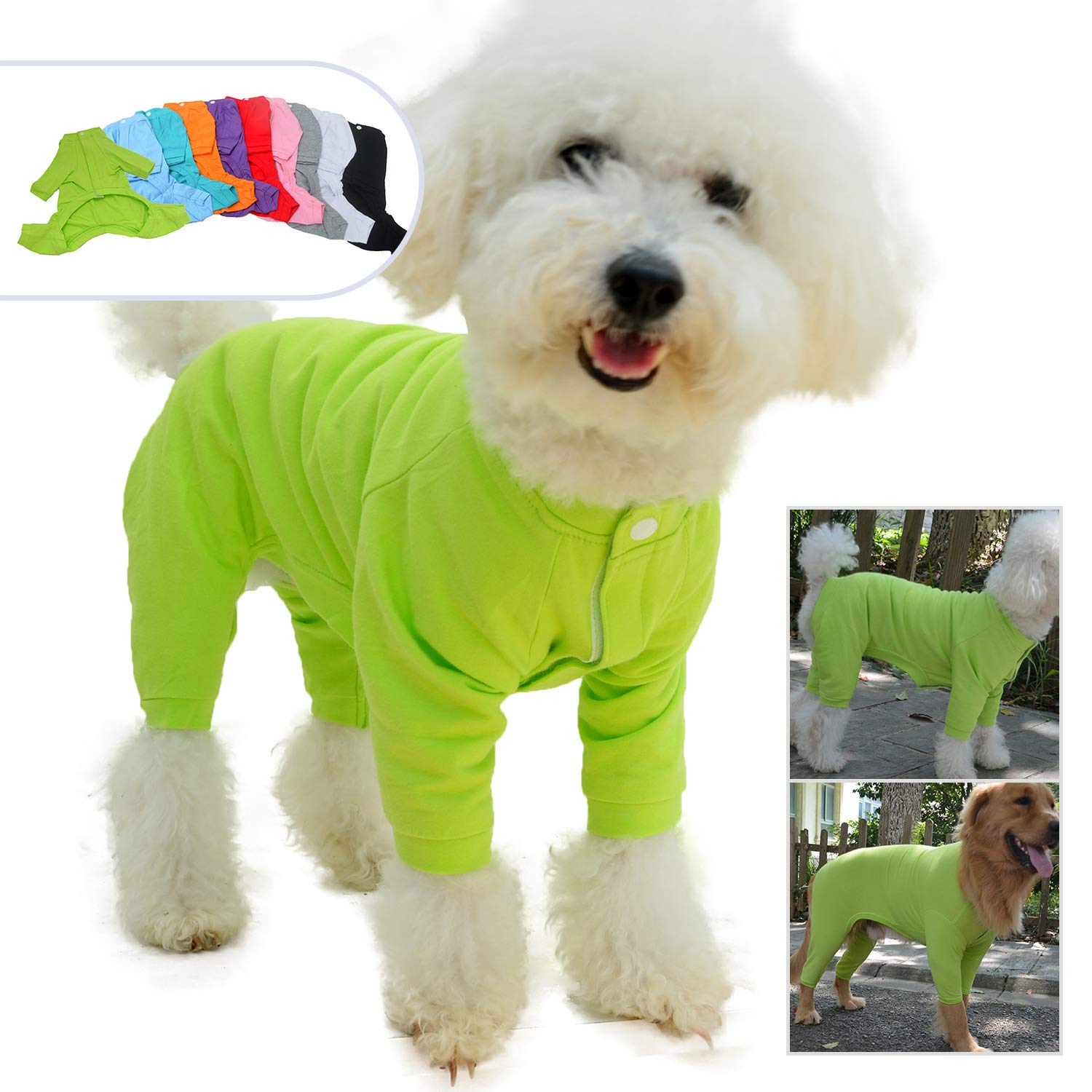 Lovelonglong Four Feet Lightweight Pajamas, Pure Cotton Jumpsuits, Onesies T-Shirt Stylish PJS Puppy Costume for Large Medium Small Dogs Green M