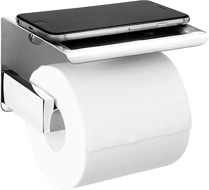HITSLAM Chrome Toilet Roll Holder with Phone Self, Self Adhesive Toilet